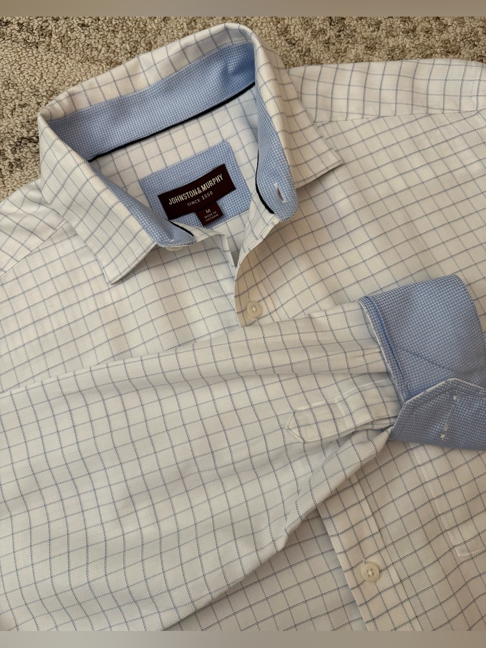 Johnston and Murphy Button Down Dress Shirt White Windowpane Plaid Sz M